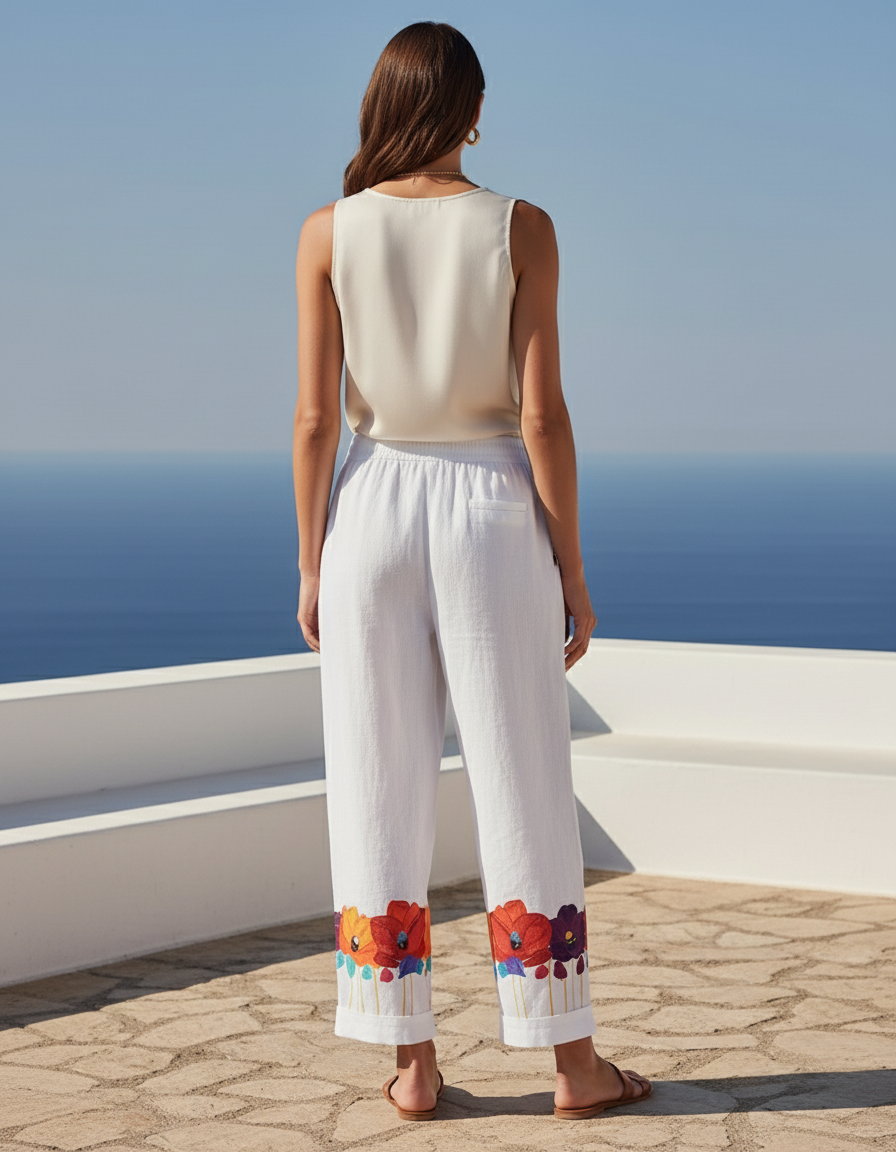 Pantalon En Lin Blanc Imprimé Floral Ample Décontracté - vue 2