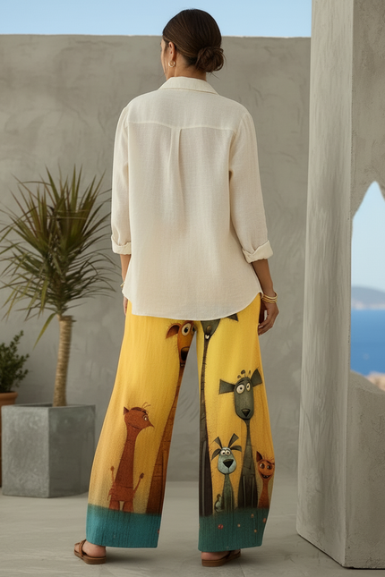 Pantalon En Lin Ample Jaune Imprimé Animaux Décontracté - vue 2