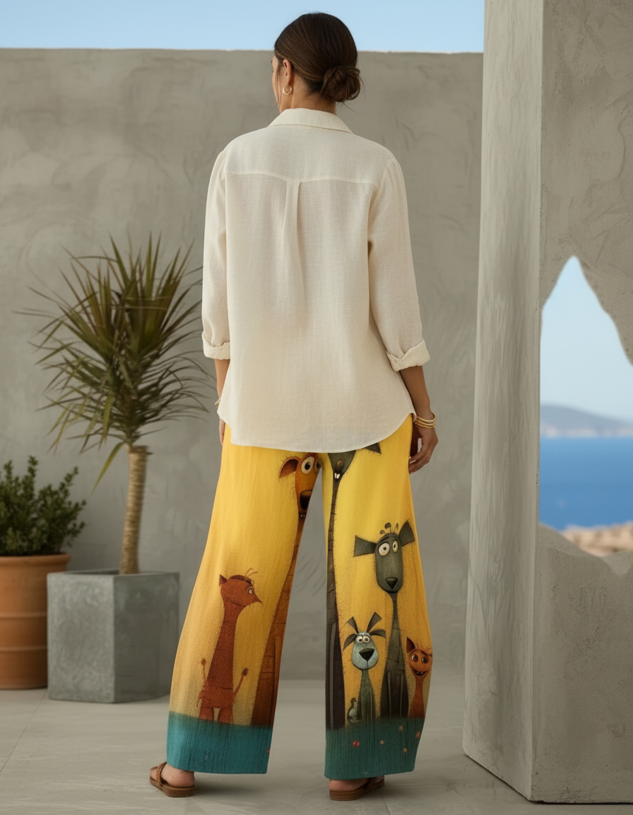 Pantalon En Lin Ample Jaune Imprimé Animaux Décontracté - vue 2