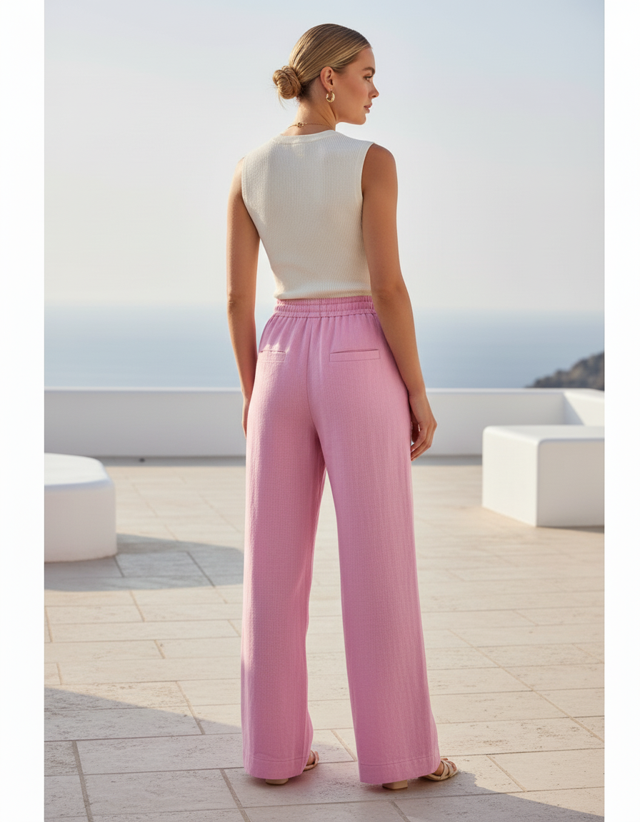Pantalon En Lin Rose Ample Boutons Fluide Décontracté - vue 2
