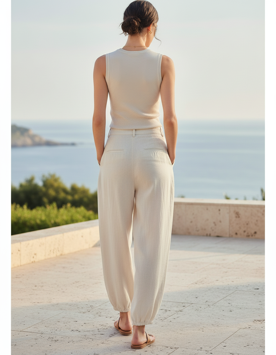 Pantalon En Lin Beige Ample Fluide Décontracté Femme - vue 2