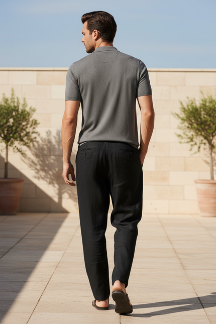Pantalon En Lin Noir Ample Décontracté Cordon - vue 2