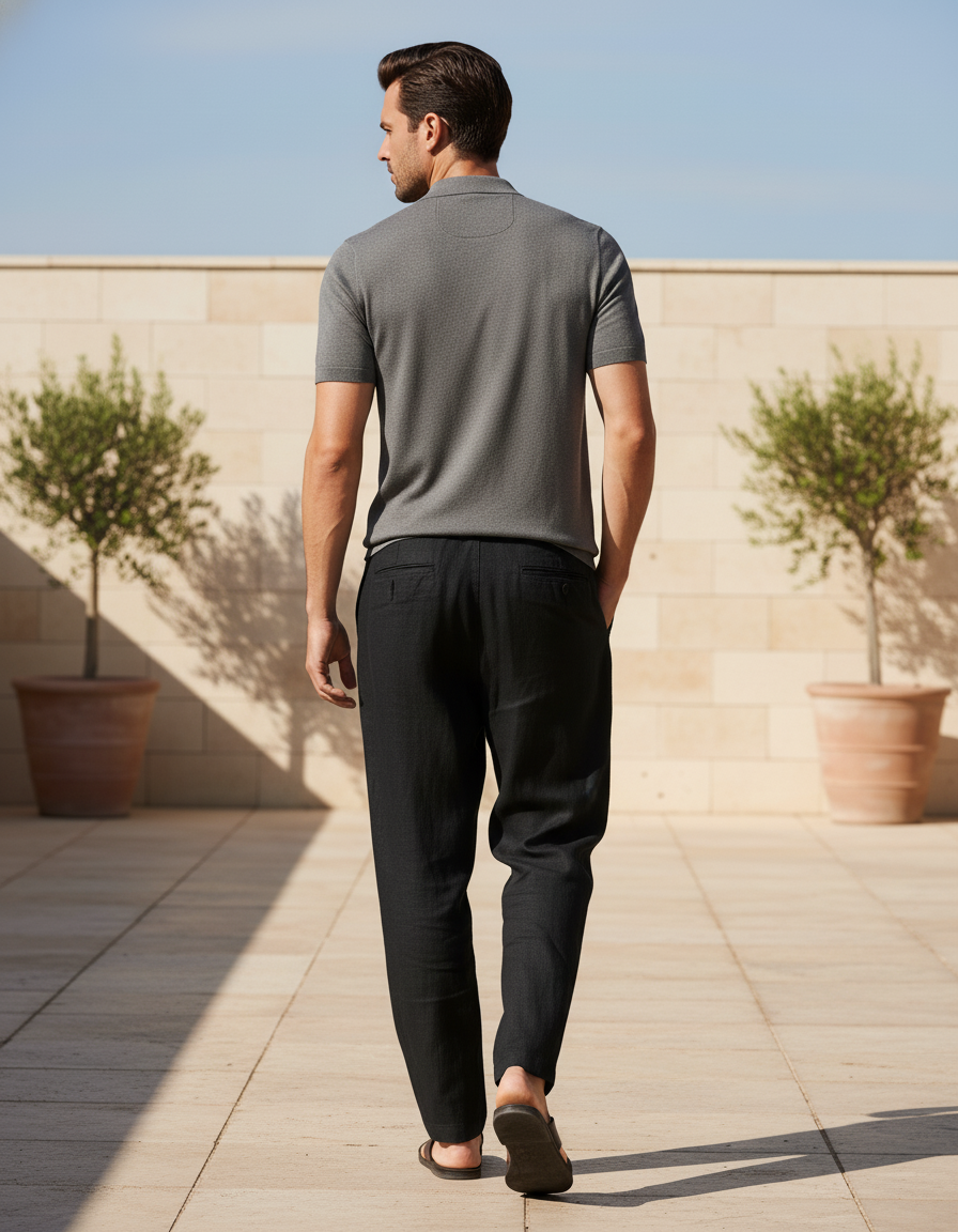 Pantalon En Lin Noir Ample Décontracté Cordon - vue 2