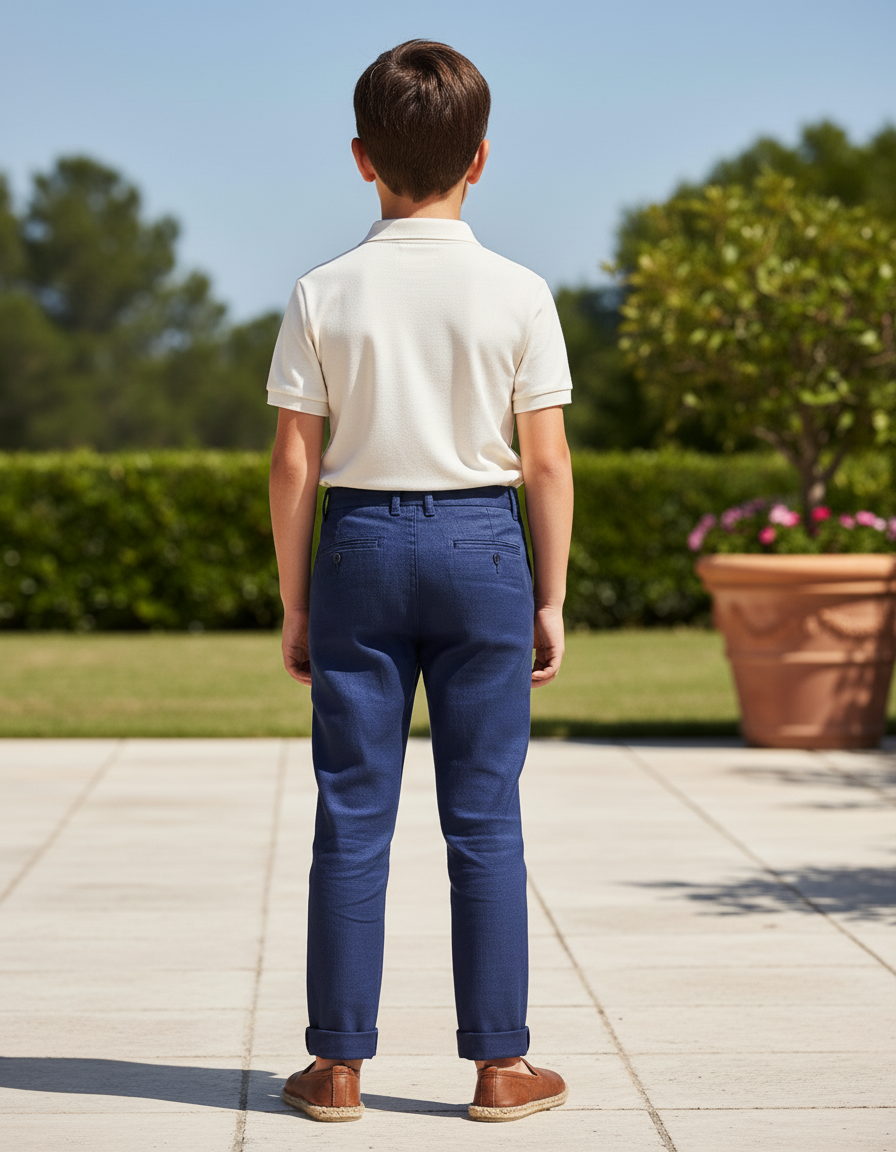 Pantalon En Lin Bleu Marine Droit Enfant Élégant - vue 2