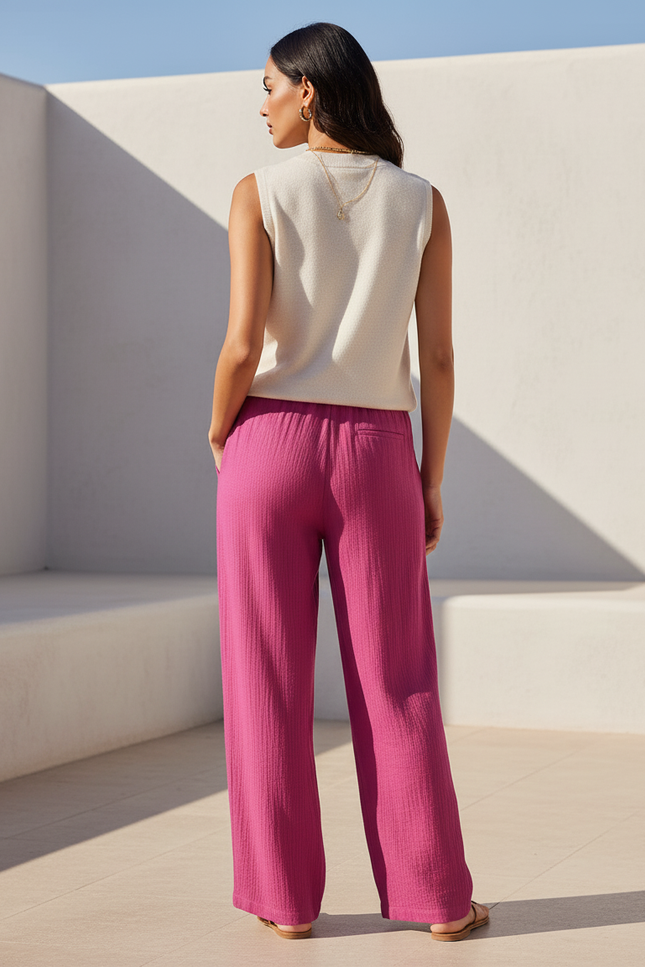Pantalon En Lin Fuchsia Ample Fluide Décontracté - Rose - vue 2