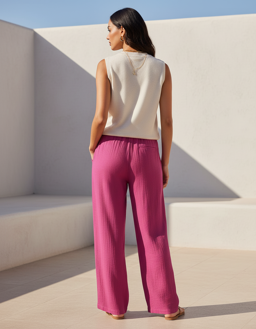 Pantalon En Lin Fuchsia Ample Fluide Décontracté - Rose - vue 2