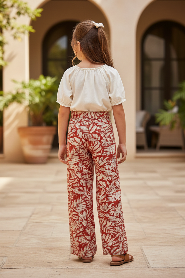 Pantalon En Lin Rouge Motif Feuille Ample Fille - vue 2