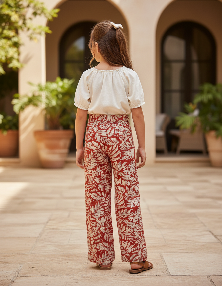 Pantalon En Lin Rouge Motif Feuille Ample Fille - vue 2