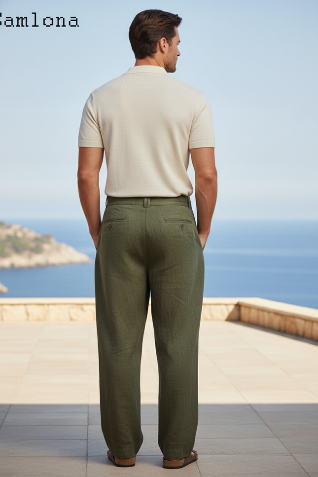 Pantalon En Lin Vert Militaire Ample Plissé Décontracté Homme - Kaki - vue 2