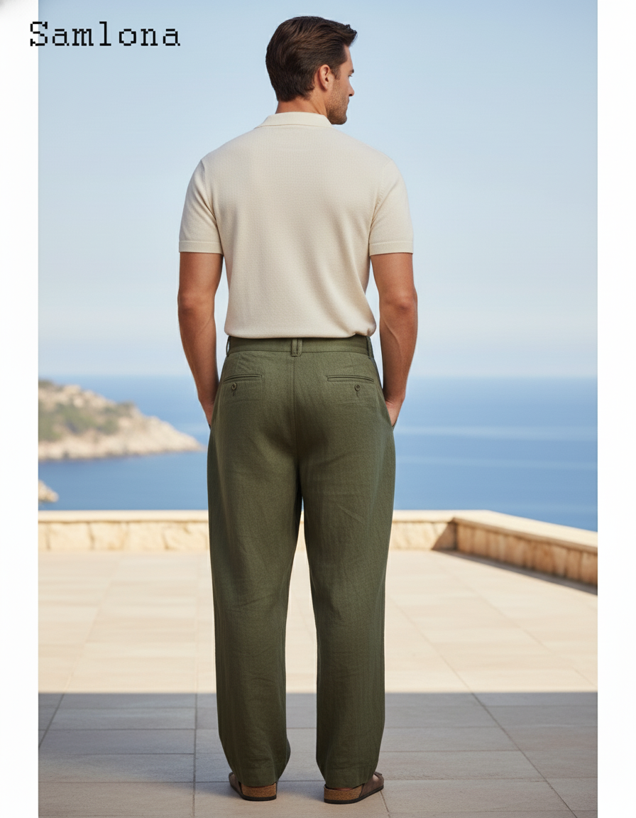 Pantalon En Lin Vert Militaire Ample Plissé Décontracté Homme - Kaki - vue 2