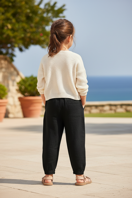 Pantalon En Lin Noir Ample Élastique Enfant - vue 2