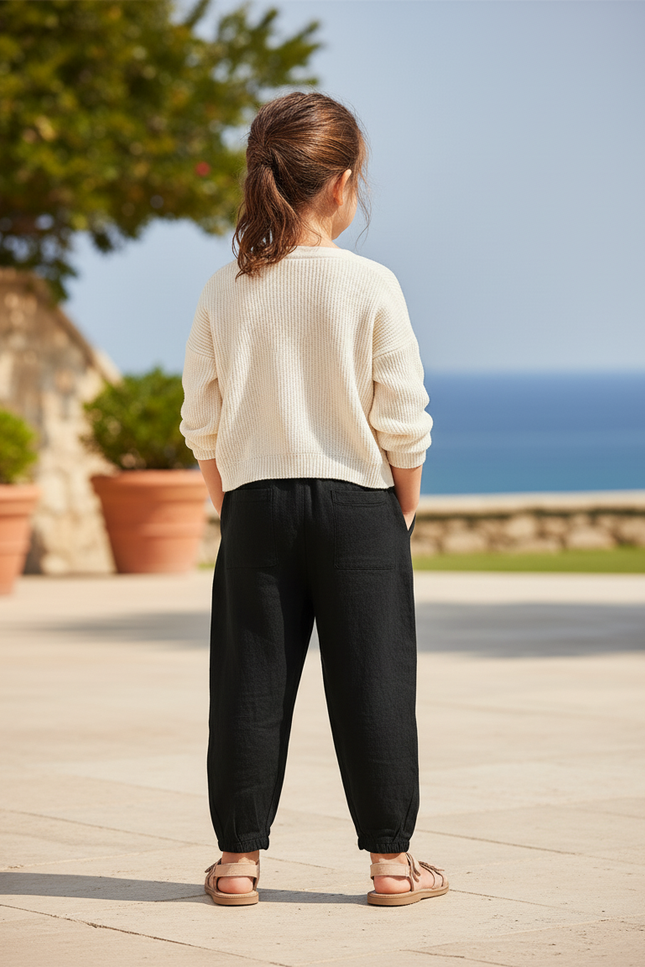 Pantalon En Lin Noir Ample Élastique Enfant - vue 2