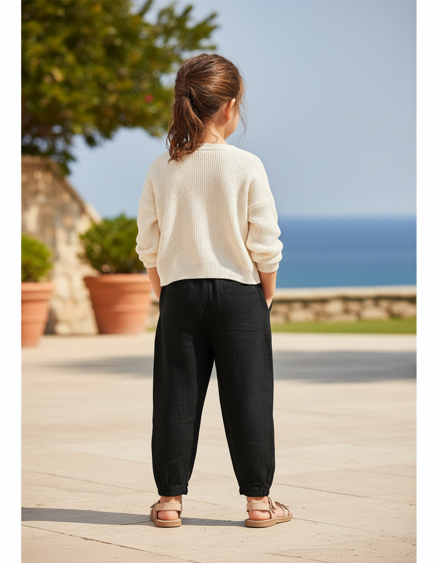 Pantalon En Lin Noir Ample Élastique Enfant - vue 2