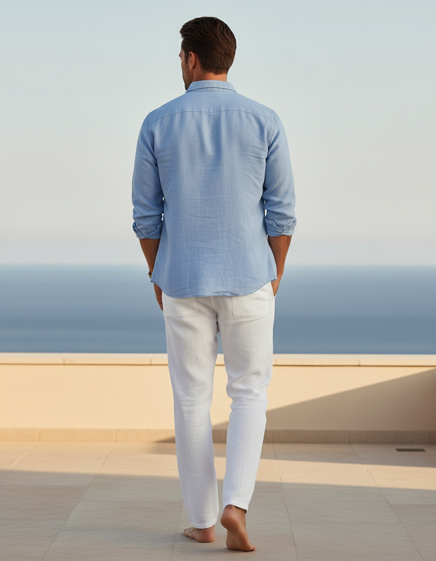 Pantalon En Lin Blanc Décontracté Cordon Léger Droit - vue 2