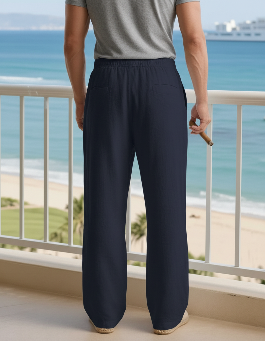 Pantalon En Lin Bleu Marine Ample Droit Homme - vue 2