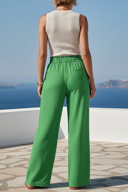 Pantalon En Lin Ample Vert Taille Haute Fluide - vue 2