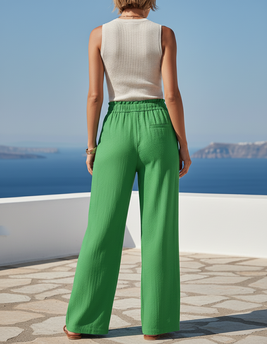 Pantalon En Lin Ample Vert Taille Haute Fluide - vue 2