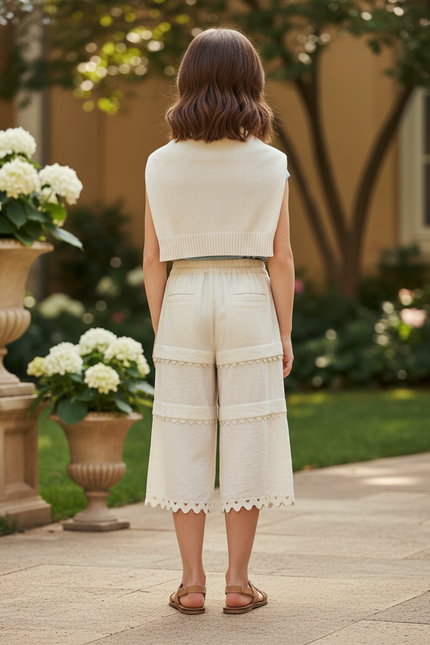 Pantalon En Lin Écru Large Scallopé Fille Léger - Beige - vue 2