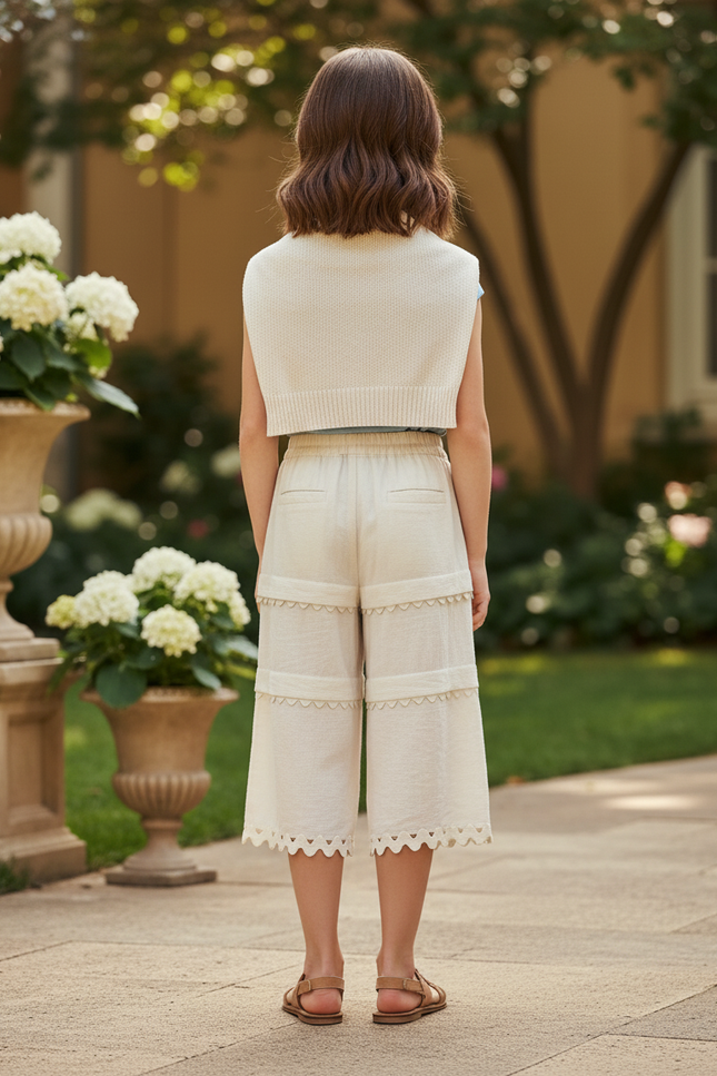 Pantalon En Lin Écru Large Scallopé Fille Léger - Beige - vue 2