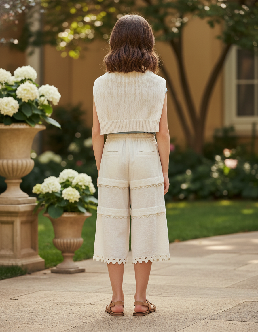 Pantalon En Lin Écru Large Scallopé Fille Léger - Beige - vue 2