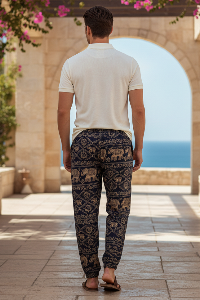 Pantalon En Lin Ethnique Imprimé Éléphant Ample Décontracté Homme - vue 2