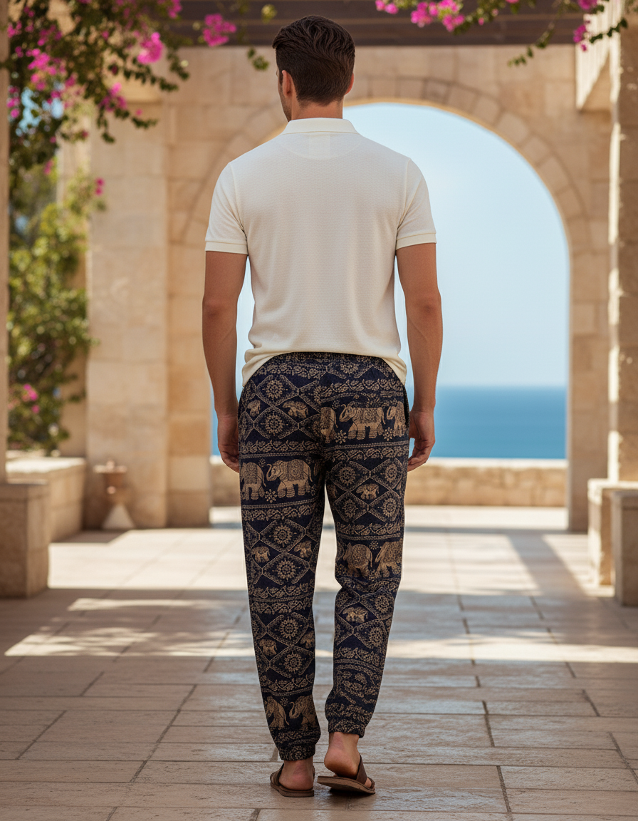 Pantalon En Lin Ethnique Imprimé Éléphant Ample Décontracté Homme - vue 2