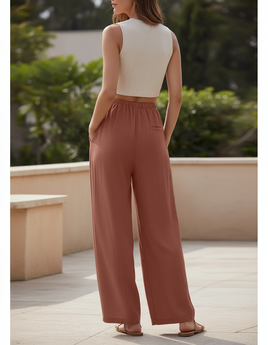 Pantalon Lin Terracotta Femme - Marron - vue 2
