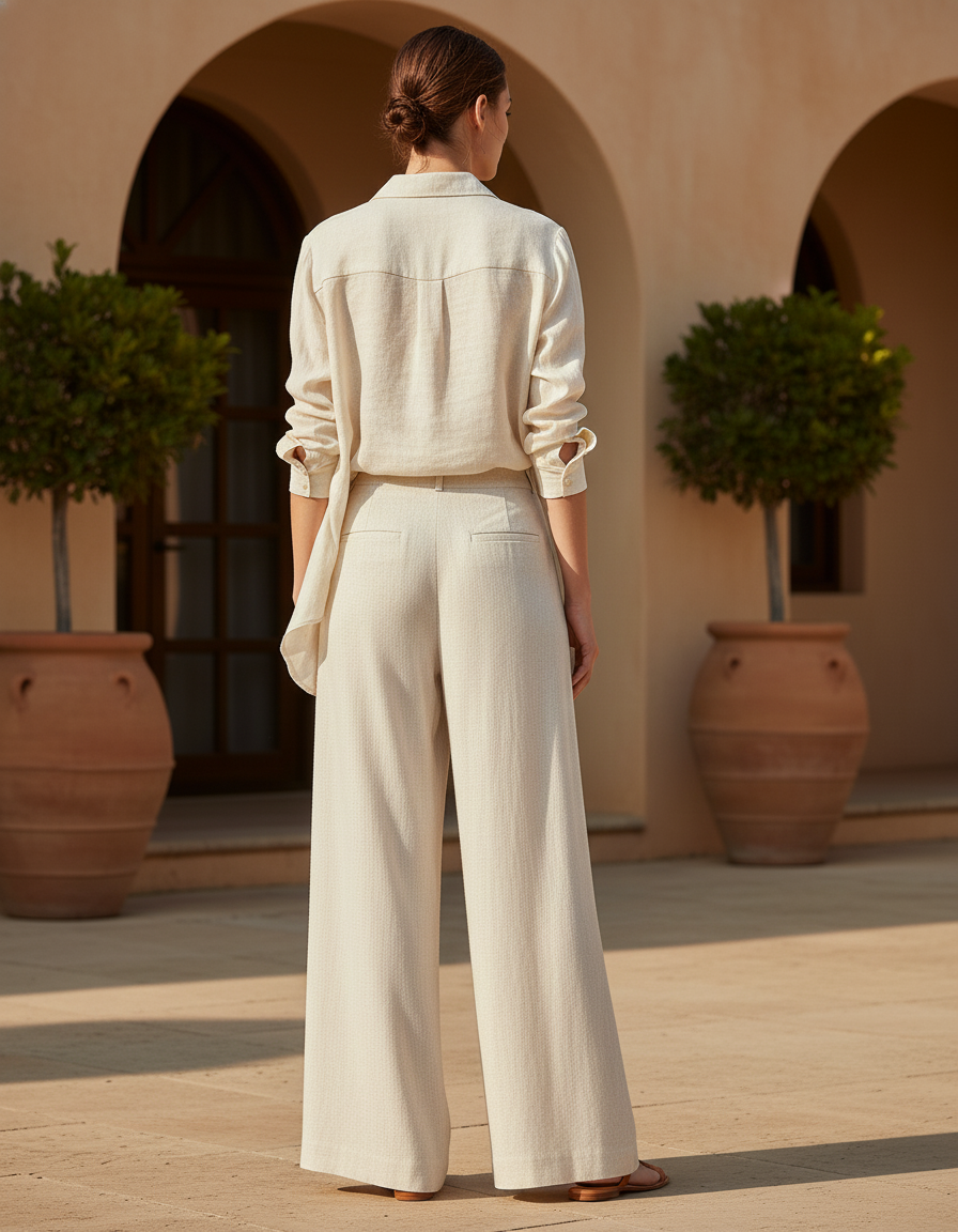Pantalon En Lin Beige Ample Fluide Taille Haute Décontracté - vue 2