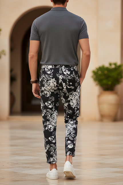 Pantalon En Lin Noir Imprimé Floral Cheville Homme - vue 2
