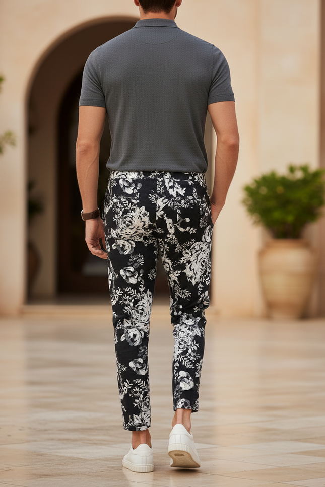 Pantalon En Lin Noir Imprimé Floral Cheville Homme - vue 2
