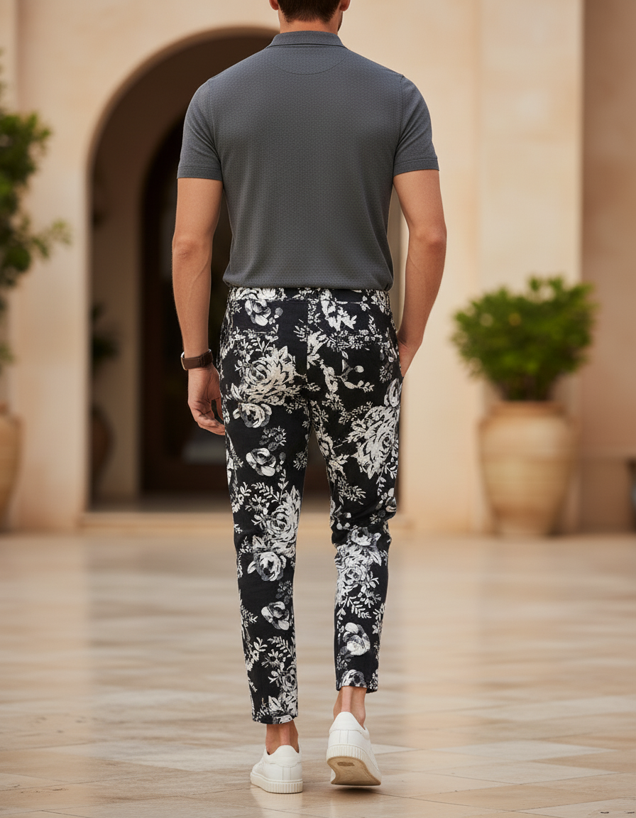 Pantalon En Lin Noir Imprimé Floral Cheville Homme - vue 2