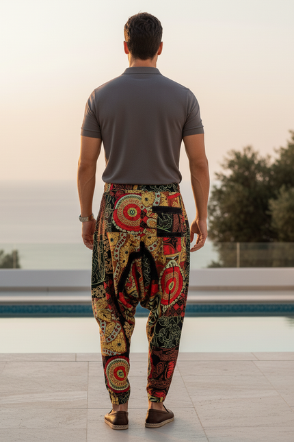 Pantalon En Lin Harem Imprimé Ethnique Fluide Bohème - Multicolore - vue 2