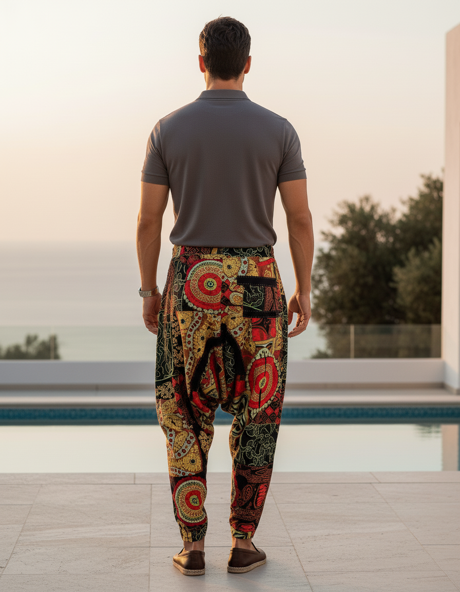 Pantalon En Lin Harem Imprimé Ethnique Fluide Bohème - Multicolore - vue 2