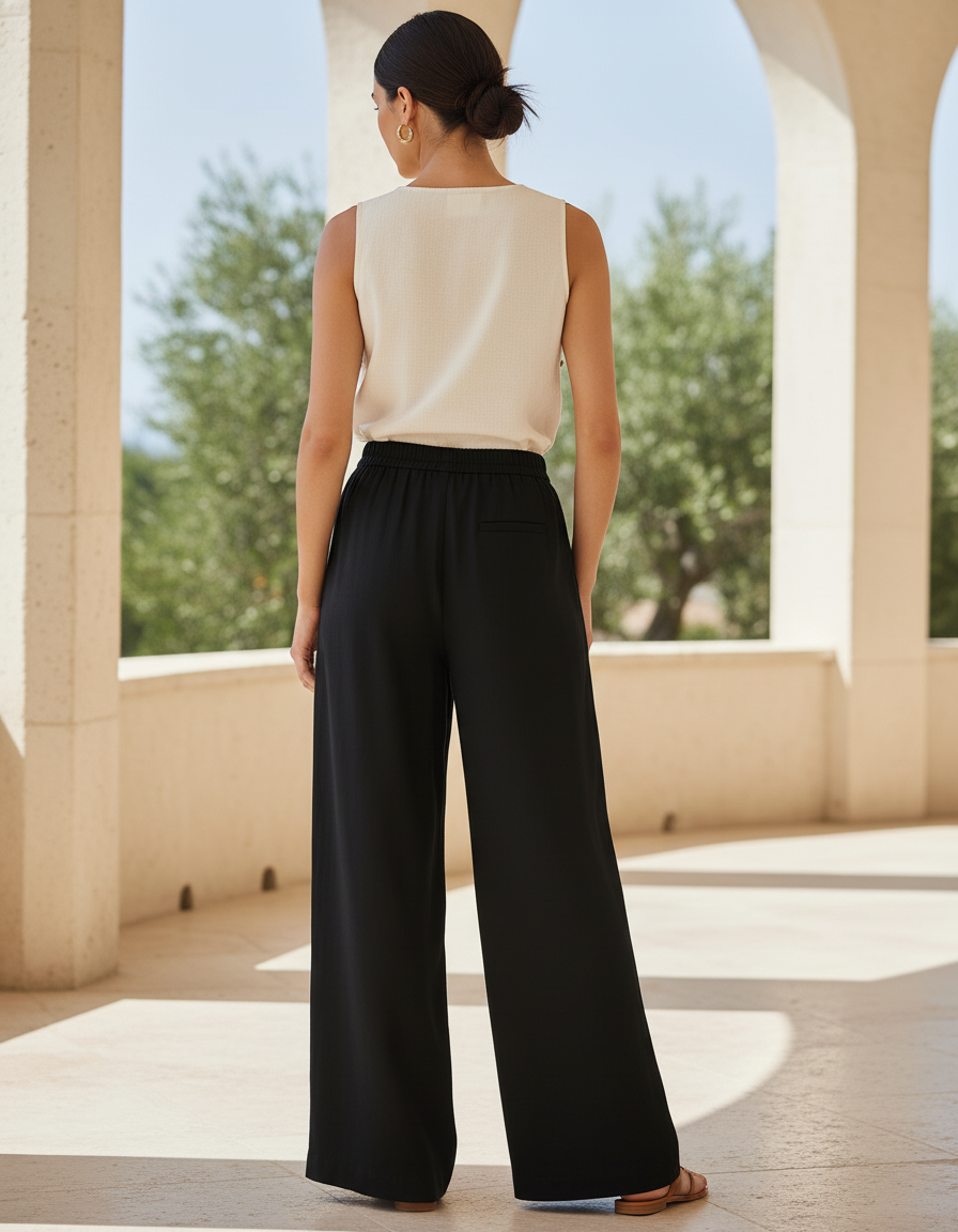 Pantalon En Lin Noir Fluide Ample Décontracté Élégant - vue 2