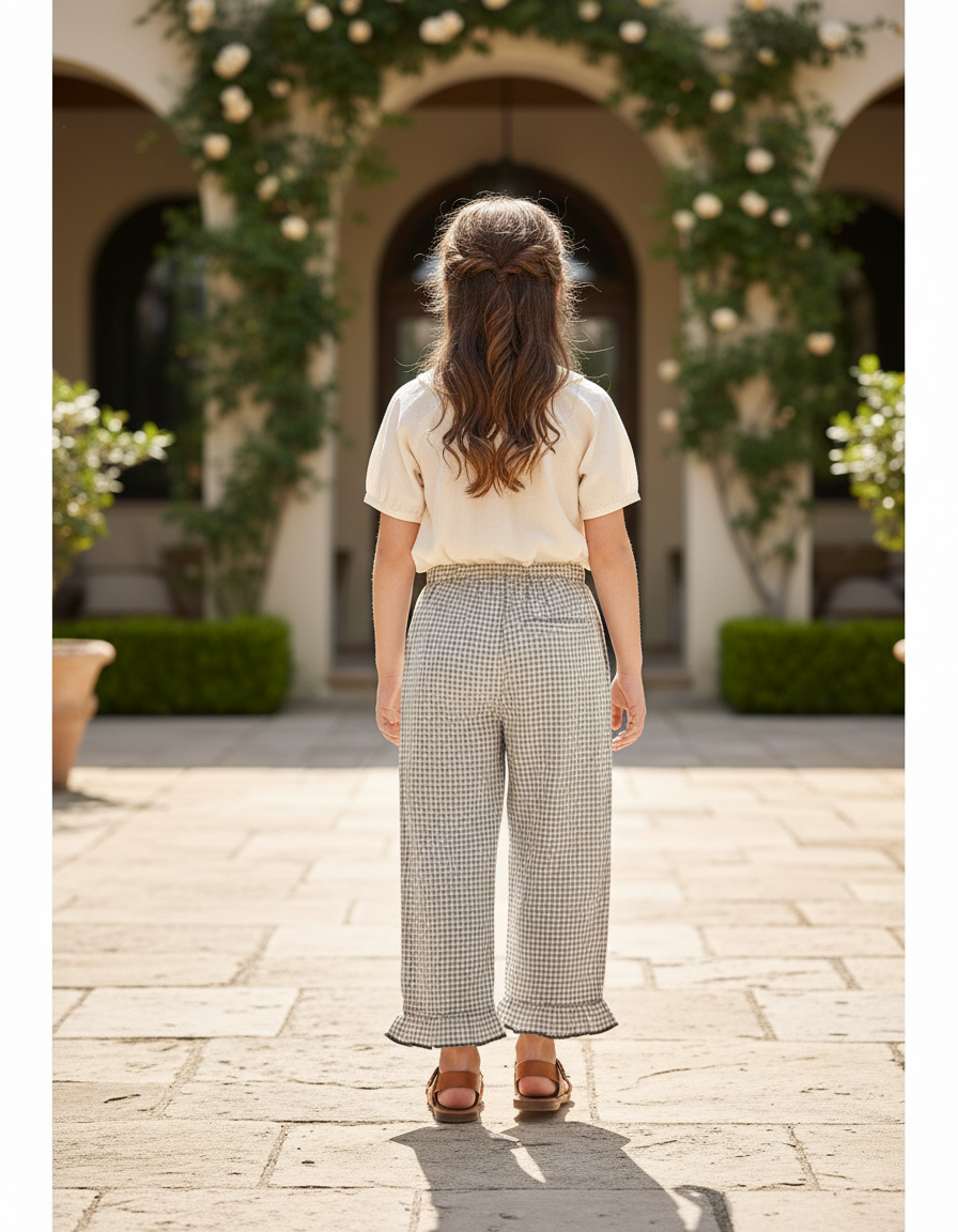 Pantalon En Lin Carreaux Ample Volants Fille - Imprimé - vue 2