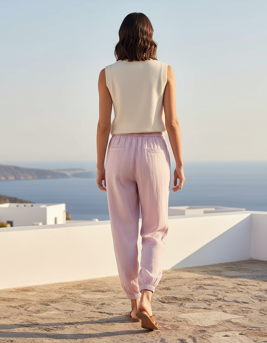 Pantalon En Lin Rose Ample Cordon Décontracté Femme - vue 2