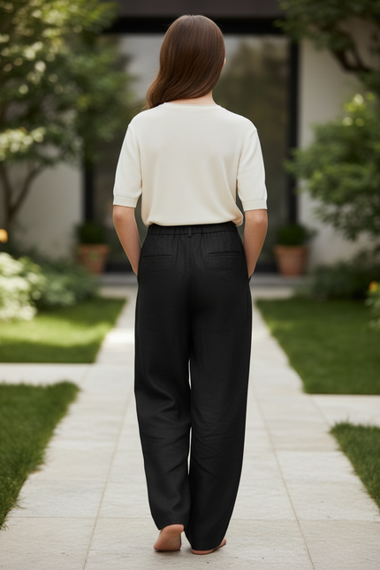 Pantalon En Lin Fille Noir Coupe Ample - vue 2