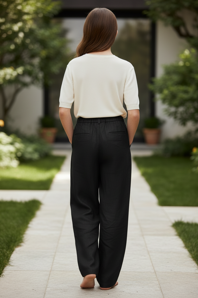 Pantalon En Lin Fille Noir Coupe Ample - vue 2