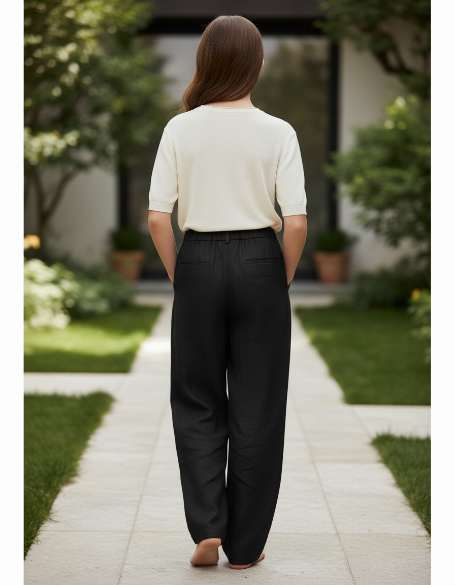 Pantalon En Lin Fille Noir Coupe Ample - vue 2