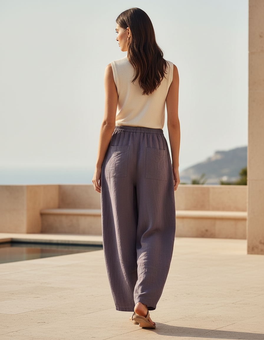 Pantalon En Lin Ample Fluide Taille Élastique Femme - Violet - vue 2