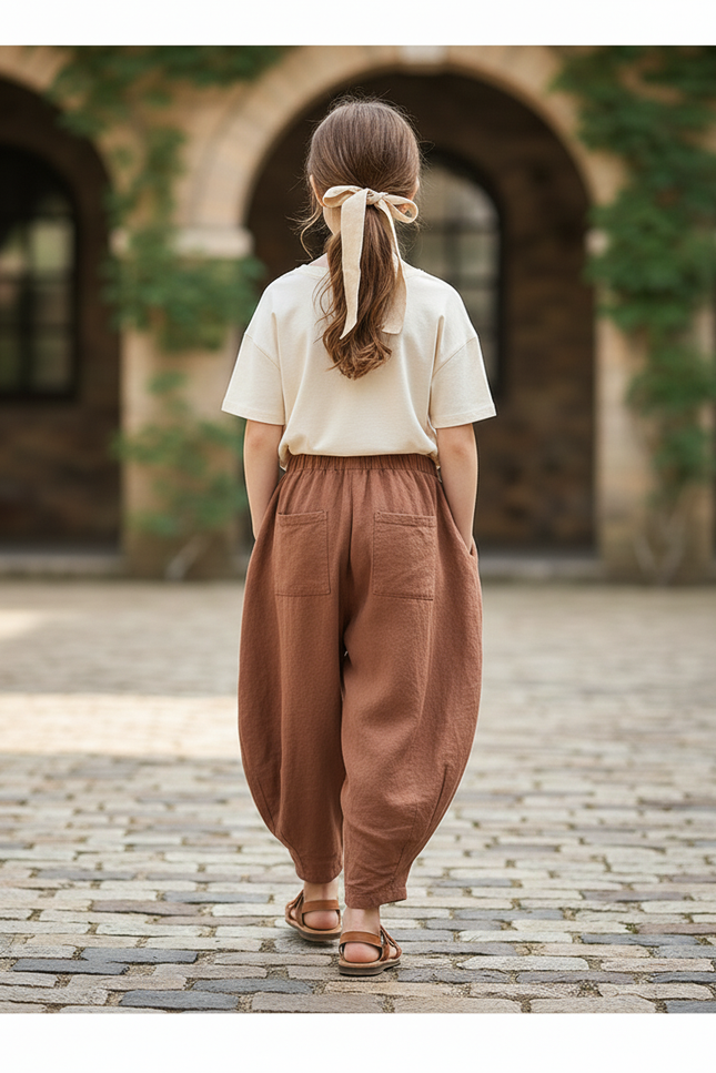 Pantalon En Lin Marron Ample Citrouille Bohème Décontracté - vue 2