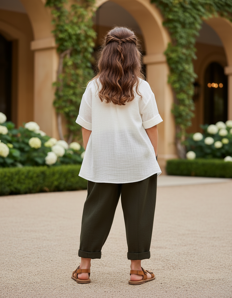 Pantalon En Lin Vert Foncé Ample Décontracté Enfant - vue 2