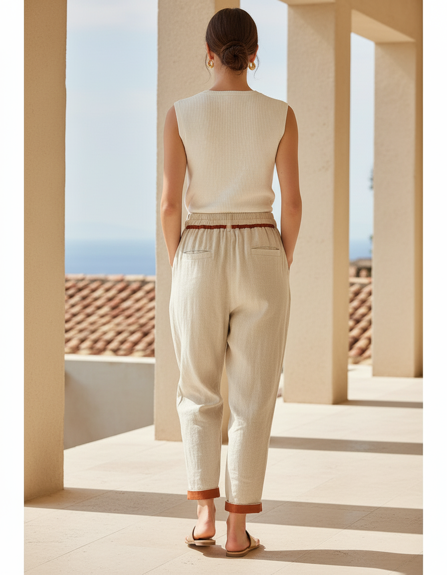 Pantalon En Lin Beige Ample Cordon Décontracté Femme - vue 2