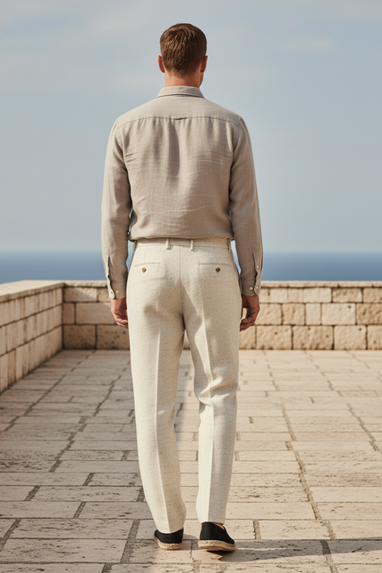 Pantalon En Lin Beige Chiné Plissé Droit Élégant Homme - vue 2