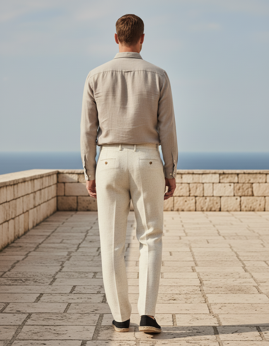 Pantalon En Lin Beige Chiné Plissé Droit Élégant Homme - vue 2