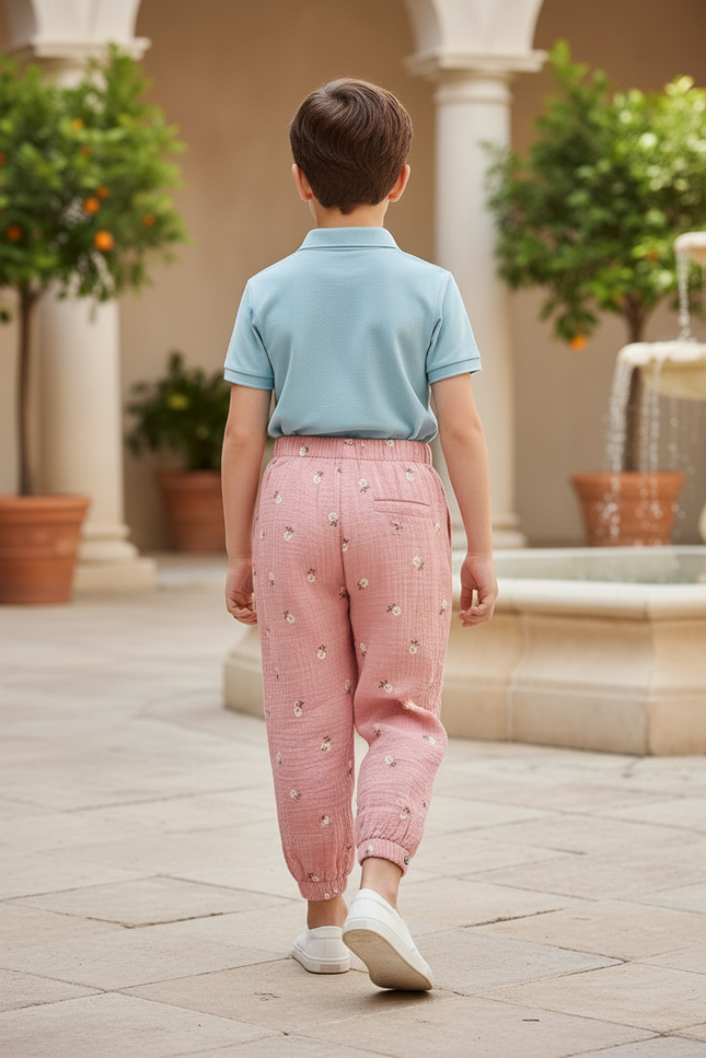 Pantalon En Lin Rose Imprimé Floral Ample Décontracté Enfant - vue 2