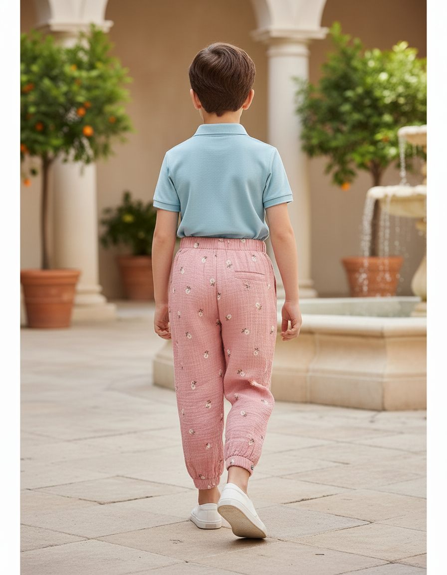 Pantalon En Lin Rose Imprimé Floral Ample Décontracté Enfant - vue 2