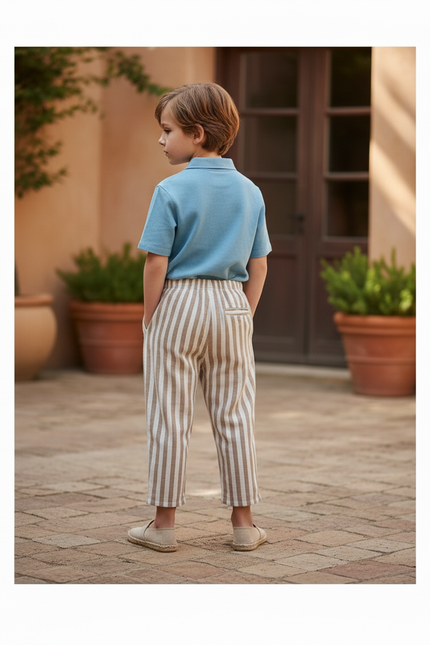 Pantalon En Lin Rayé Marron Ample Cordon Enfant - vue 2