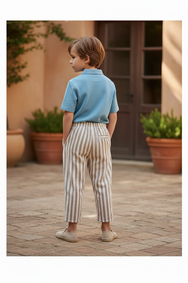 Pantalon En Lin Rayé Marron Ample Cordon Enfant - vue 2