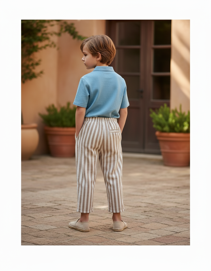 Pantalon En Lin Rayé Marron Ample Cordon Enfant - vue 2